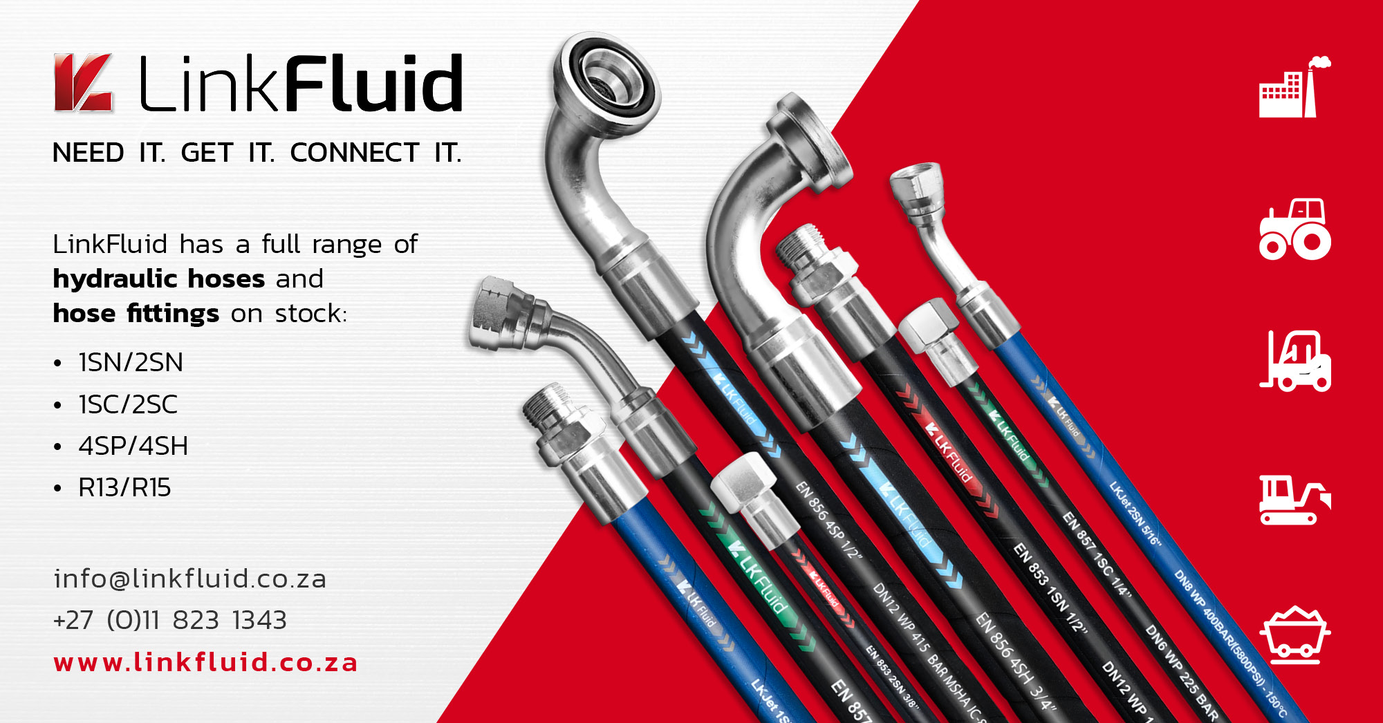 LinkFluid has a full range of hydraulic hoses and  hose fittings on stock
